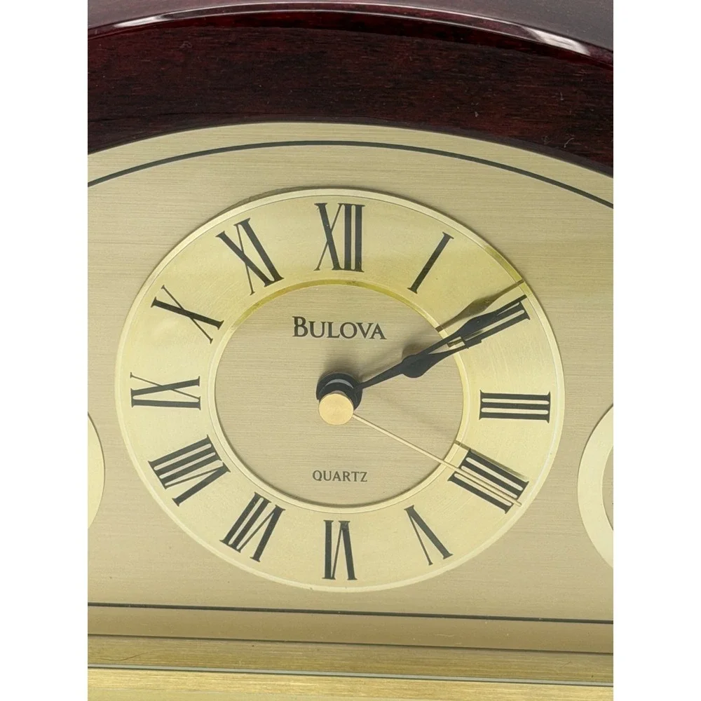 Bulova Mantel Clock Quartz Wood Brass Hygrometer Thermometer Engraved